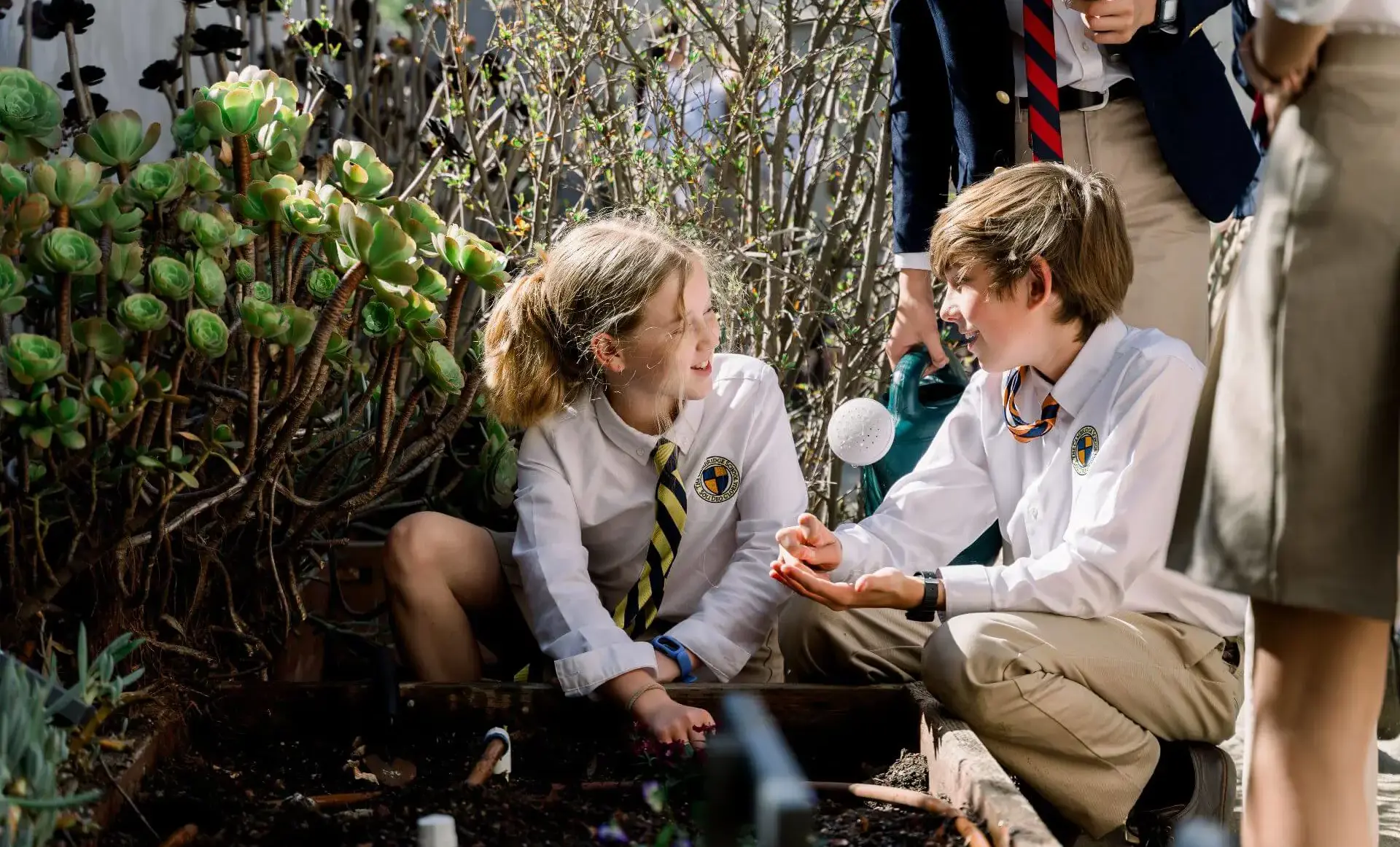 Middle school students at The Cambridge School engage in hands-on service by tending the garden.